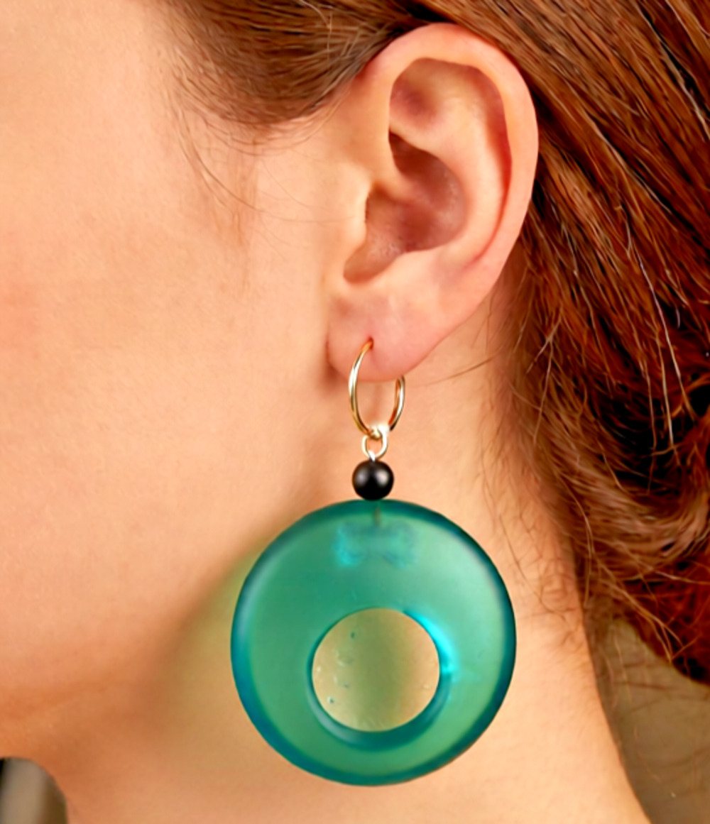 Handmade fused glass dangle earrings Teal glass iridescent dichroic center